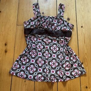 Sequin Hearts Pink and Brown Patterned Tank Top